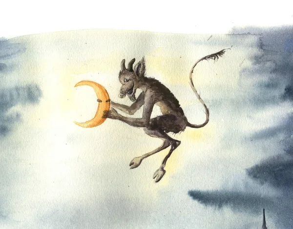 La tarjeta de navidad rusa acuarela con diablo roba la luna. Ilustración de cuentos de hadas para diseño, impresión o fondo — Foto de Stock