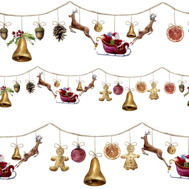 Sulu Boya Dikişsiz desen Noel çelenk ile. Bell, meşe palamudu, çam kozalağı, Noel Baba, geyikler, gingerbreadman, top ve turuncu. Parti gösterim amacıyla tasarım, arka plan veya Yazdır