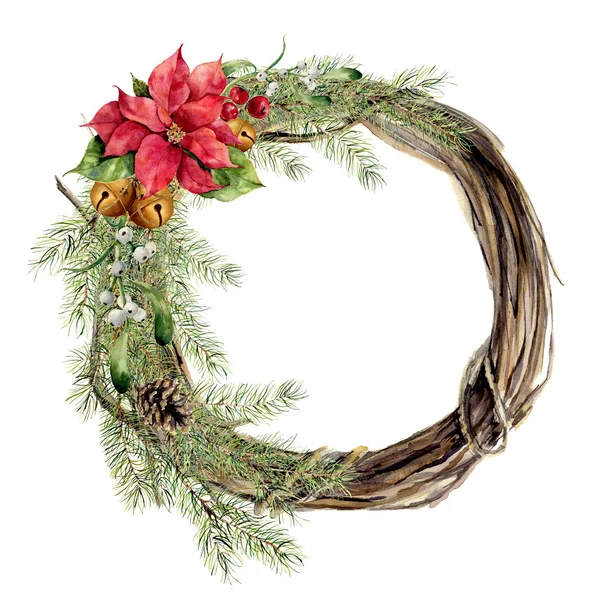 Aquarell Weihnachtskranz mit floralem Dekor. Neujahrsbaum und — Stockfoto