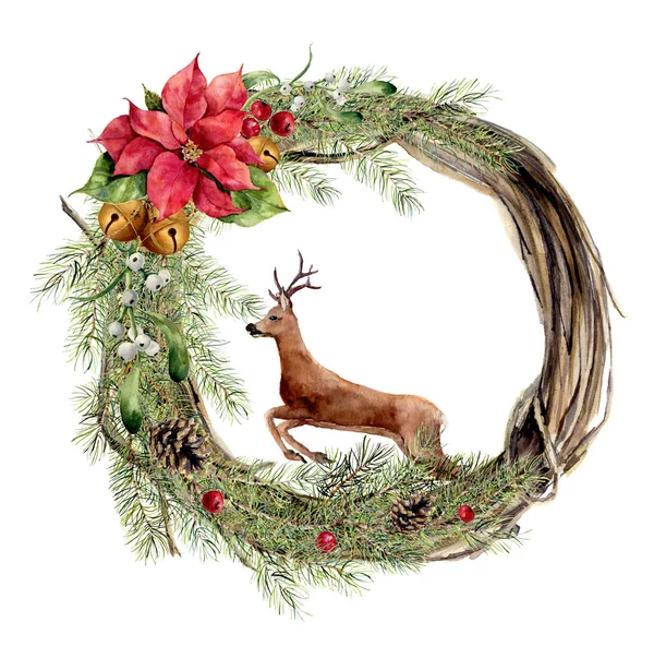 Watercolor christmas wreath with floral decor and deer. New year — Stock Photo, Image