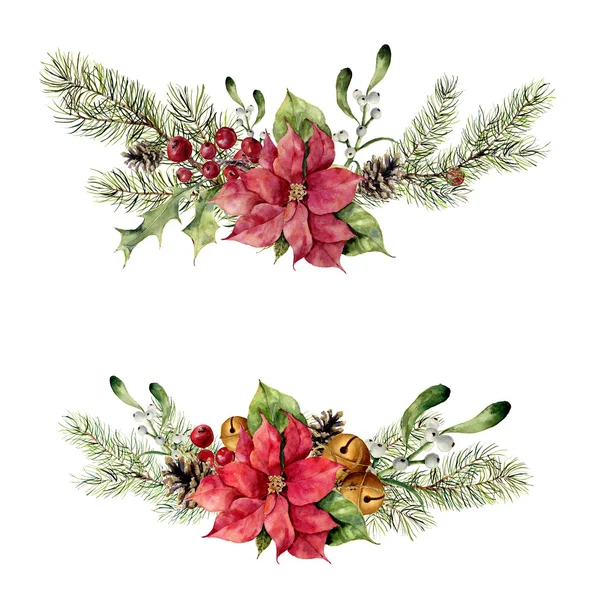 白い背景の水彩画冬花要素。ビンテージ スタイルのクリスマス ツリーの枝、ベル、ヒイラギ、ヤドリギ、ポインセチア花とセットを残します。花の手描きのデザイン — ストック写真