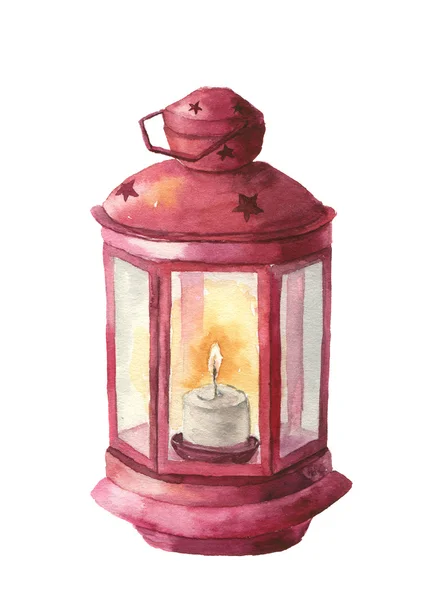 Aquarela tradicional lanterna vermelha com vela. Lanterna de Natal pintada à mão no fundo branco para design, impressão. Decoração de festa — Fotografia de Stock