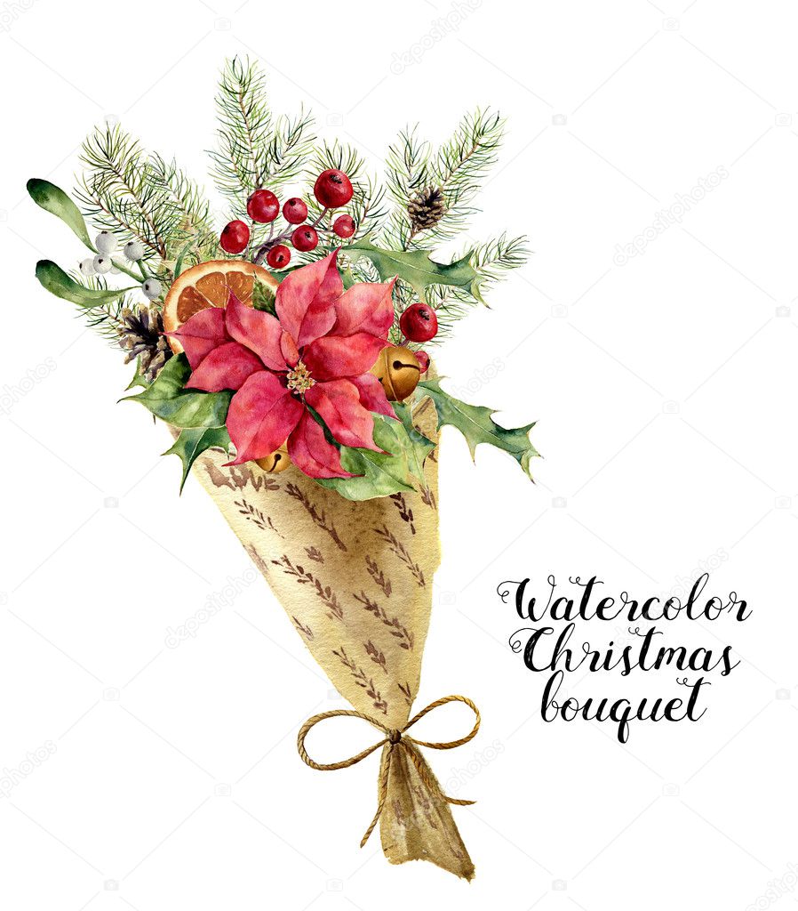 Watercolor christmas bouquet. Vintage floral composition with christmas tree branches, bells, holly, mistletoe, poinsettia flower, orange and leaves in wrapping paper. Flower hand painted design