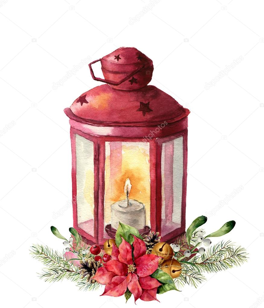 Watercolor traditional red lantern with candle and floral decor. Hand painted Christmas lantern with fir branch, poinsettia, holly, mistletoe, pine cone and bells for design, print. Party decor