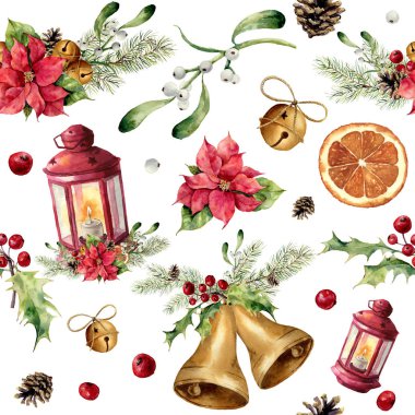 Sulu Boya dekor ve fener ile seamless modeli Noel. Yılbaşı ağacı süsleme fener, çan, holly, ökse otu, Atatürk çiçeği, Portakal dilim, çam kozalağı ve yay tasarım, yazdırma veya arka plan
