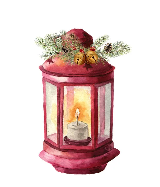 Lanterna tradizionale ad acquerello con candela e decorazione floreale. Lanterna natalizia dipinta a mano con ramo di abete, agrifoglio, vischio, pigna e campane per il design, stampa. Decorazione del partito — Foto Stock