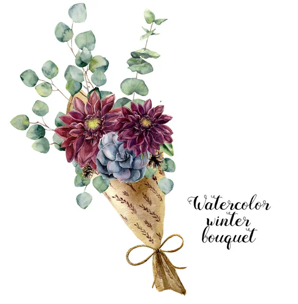 Watercolor winter bouquet. Hand painted baby, seeded and silver dollar eucalyptus elements, succulent and dahlia. Floral illustration isolated on white background. For design and textile. — Stock Photo, Image