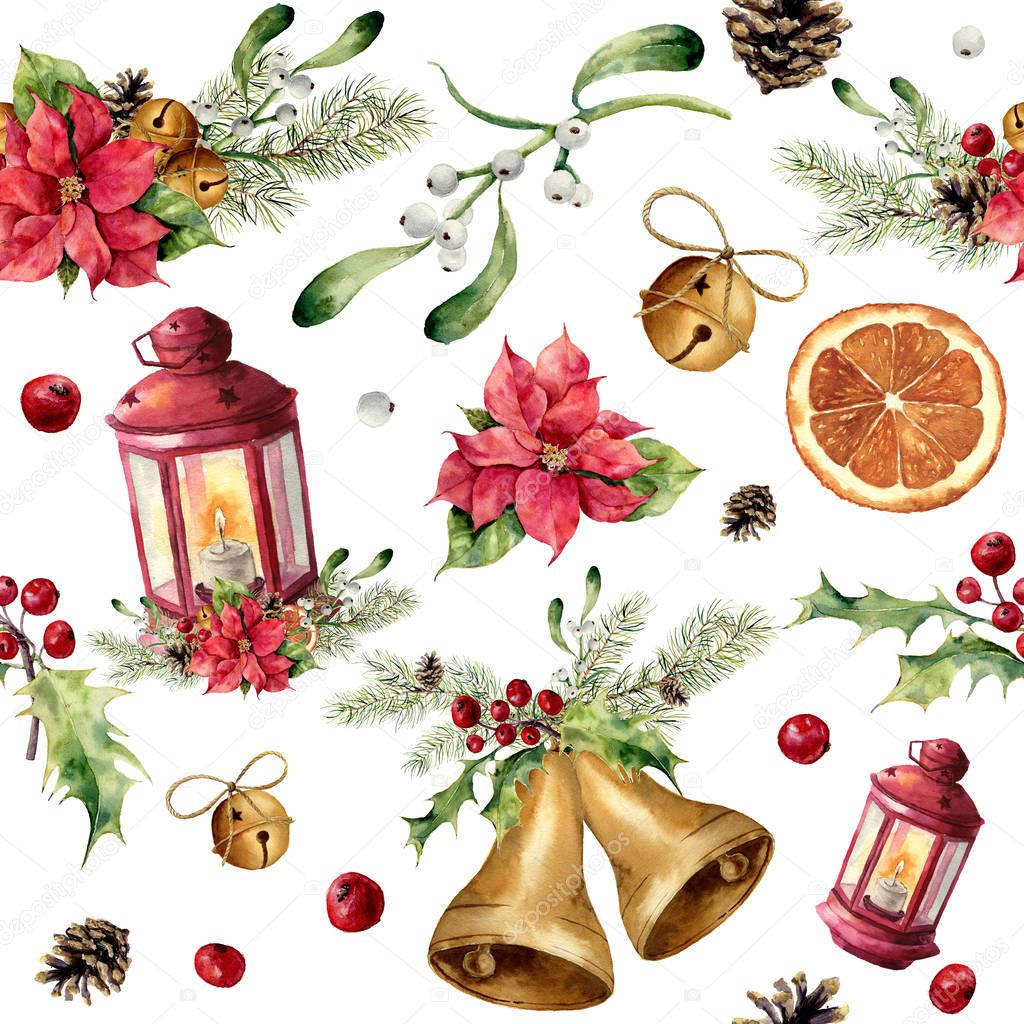 Watercolor christmas seamless pattern with decor and lantern. New year tree ornament with lantern, bell, holly, mistletoe, poinsettia, orange slice, pine cone and bow for design, print or background