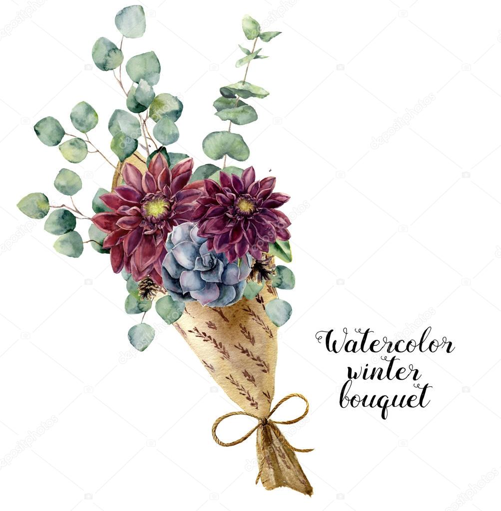Watercolor winter bouquet. Hand painted baby, seeded and silver dollar eucalyptus elements, succulent and dahlia. Floral illustration isolated on white background. For design and textile.