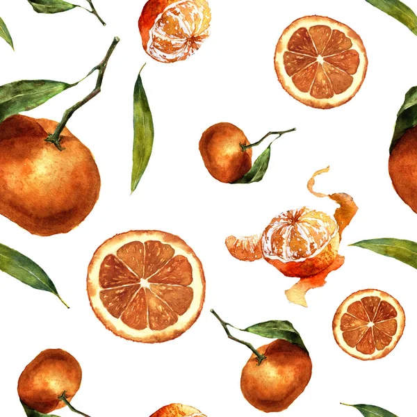 Акварель бесшовный узор с мандаринами и листьями. Цитрусовый орнамент на белом фоне для дизайна, ткани или печати . — стоковое фото
