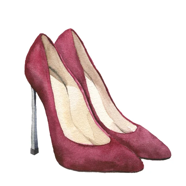 Wasserfarben rote Wildlederschuhe mit hohen Absätzen. Stilettoschuhe isoliert auf weißem Hintergrund. Mode-Illustration für Design. Parteiaufdruck. — Stockfoto