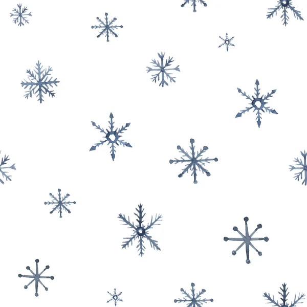 Patrón sin costuras de acuarela con copos de nieve. Ilustración de invierno con elementos de cristal de hielo aislados sobre fondo blanco. Para diseño, impresión o tela — Foto de Stock