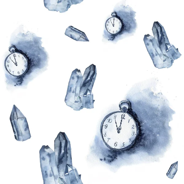 Aquarell nahtloses Muster mit Eiskristall und Vintage-Uhr. Aquarell blauer Edelstein und Taschenuhr isoliert auf weißem Hintergrund. handbemalte Gestaltungselemente. — Stockfoto