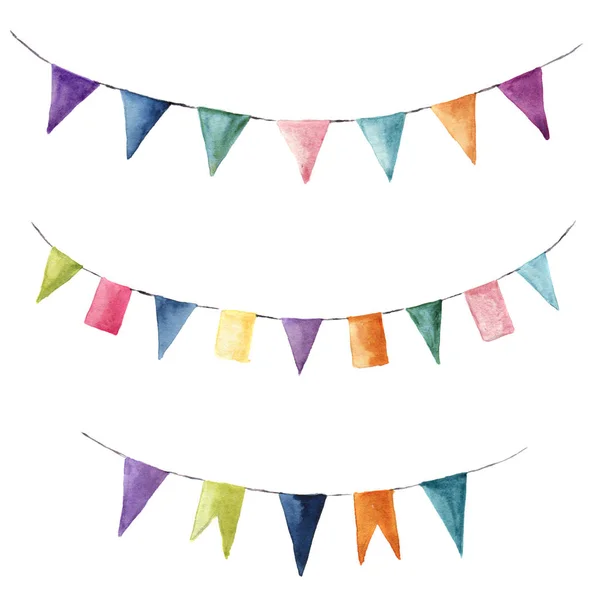 Watercolor bright color set with flags garlands. Party, kids party or wedding decor elements isolated on white background. For design, prints or background — Stock Photo, Image