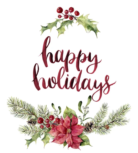Watercolor christmas floral print witn Merry Christmas lettering. New year tree branch with poinsettia, mistletoe, holly and cones for design, print or background — Stock Photo, Image