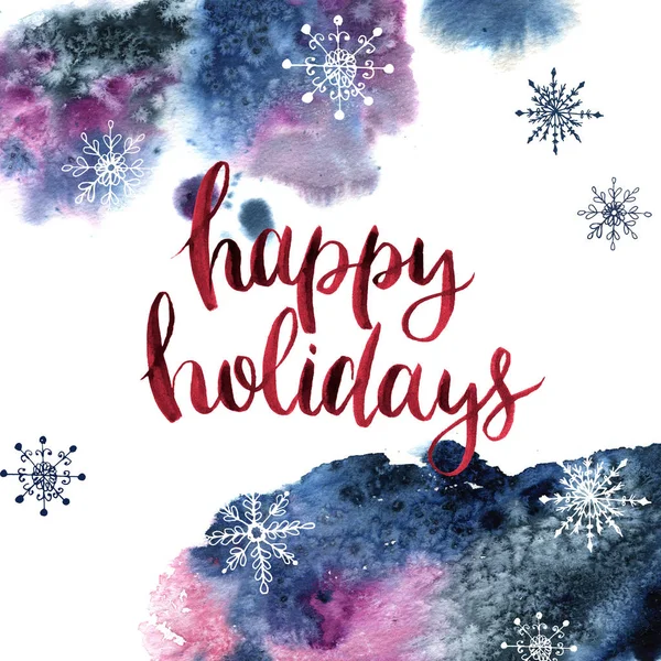 Carte de Noël aquarelle avec lettrage Happy holidays et flocons de neige. Illustration de saison sur fond blanc. Pour la conception ou l'impression — Photo