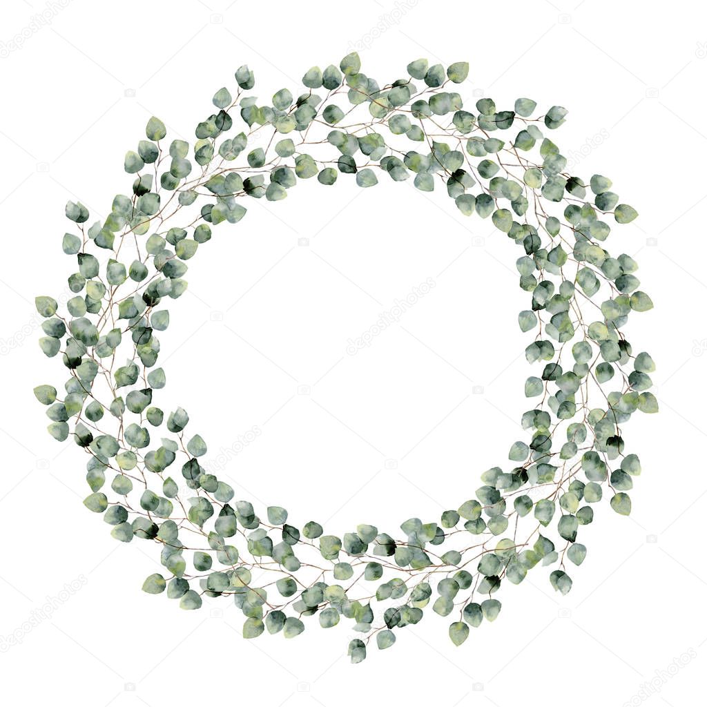 Watercolor floral border with silver dollar eucalyptus leaves. Hand painted floral wreath with branches, round leaves isolated on white background. For design or background