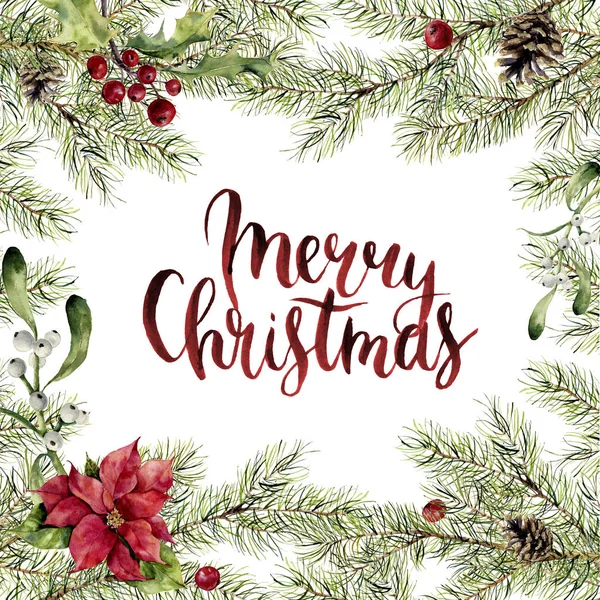 Skriv ut akvarell god jul. FIR gren med holly, mistel, julstjärna och god jul bokstäver. Nytt år tree gränsen med inredning för design, skriva ut eller bakgrund — Stockfoto