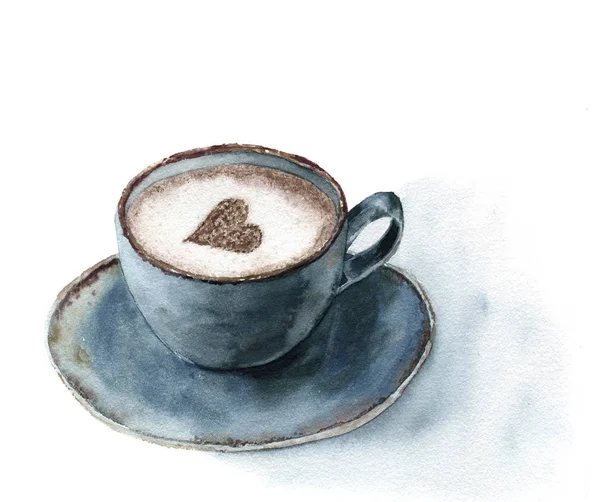 Watercolor cup of cappuccino with cinnamon heart decor. Food illustration with blue cup of coffee on white background. Hand painted print for design or print. — Stock Photo, Image