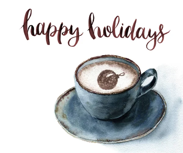 Watercolor cup of cappuccino with Happy holidays lettering. Christmas illustration with blue cup of coffee and cinnamon on white background. Hand painted print for design or print. — Stock Photo, Image