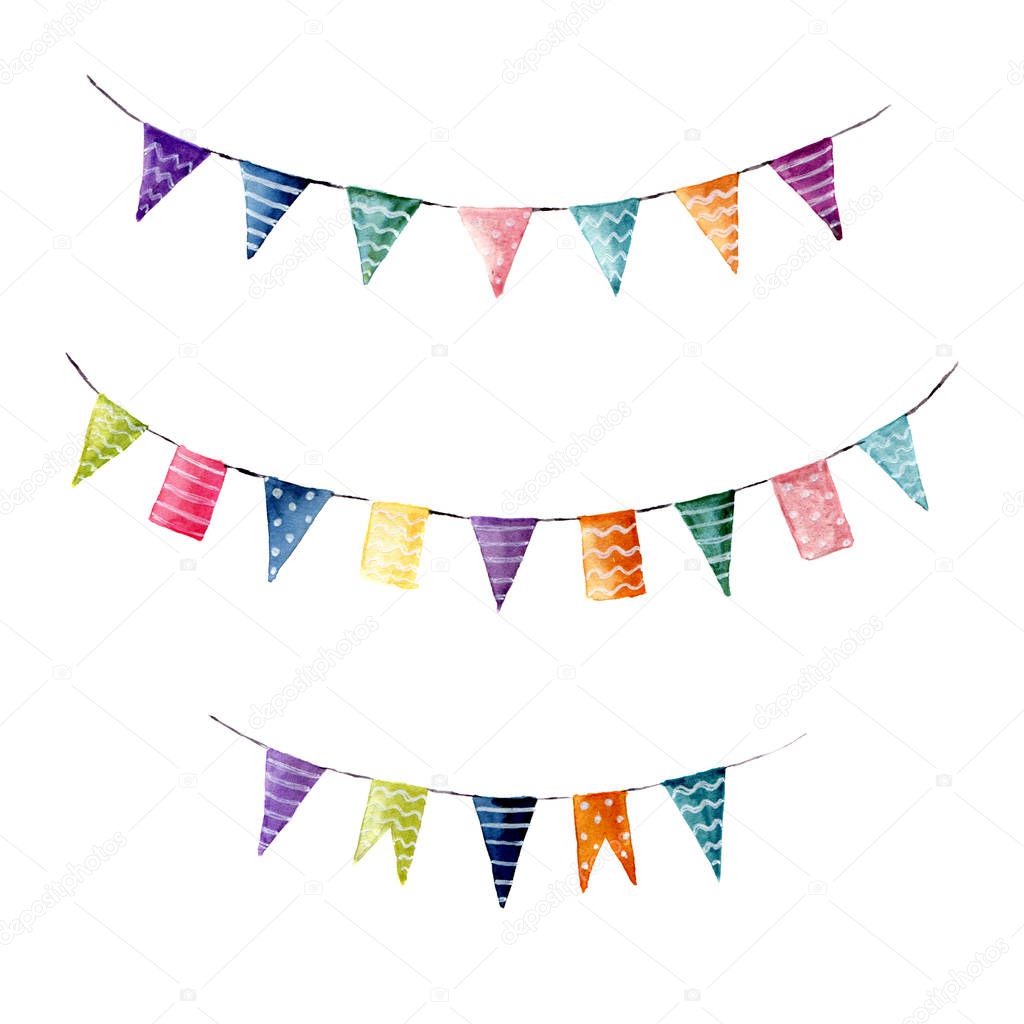 Watercolor flag garlands set with stripes and polka dot decor. Party, kids party or wedding decor elements isolated on white background. For design, prints or background