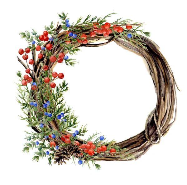 Watercolor hand painted winter wreath of twig. Wood wreath with red and blue winter berries and juniper. Natural illustration for design and background — Stock Photo, Image