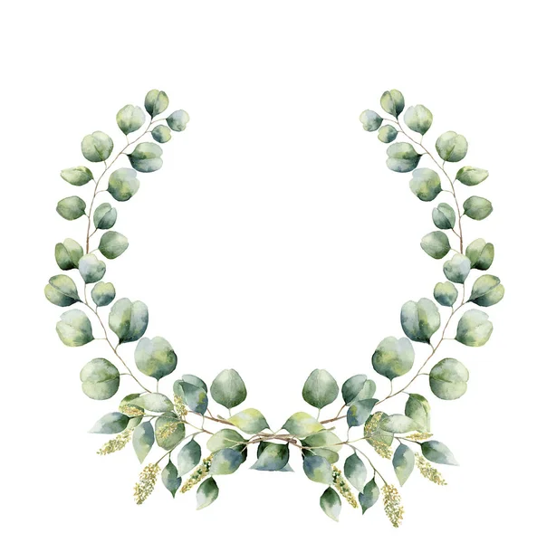 Couronne florale aquarelle aux feuilles d'eucalyptus vertes. Couronne florale peinte à la main avec des branches, des feuilles de graines et d'eucalyptus dollar d'argent isolé sur fond blanc. Pour la conception ou le fond — Photo