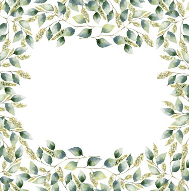 Suluboya çerçeve çiçek kartı ile okaliptüs yaprakları. El şube ve beyaz arka plan üzerinde izole numaralı seribaşı okaliptüs yaprakları ile sınır boyalı. Tasarım veya arka plan için