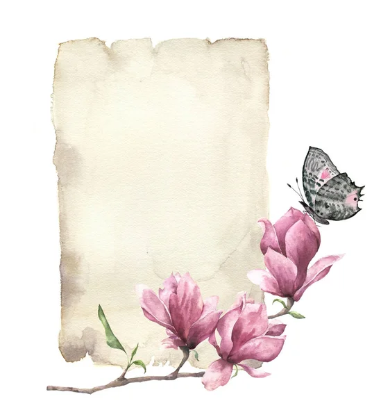 Akvarell spring kort med magnolia och fjäril. Handmålade pappersstruktur med insekts- och blommönster isolerad på vit bakgrund. Illustration för design, print. — Stockfoto