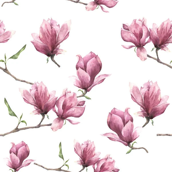 Aquarel naadloze patroon met magnolia. Handgeschilderde bloemen sieraad geïsoleerd op een witte achtergrond. Roze bloem voor ontwerp, afdrukken of stof. — Stockfoto