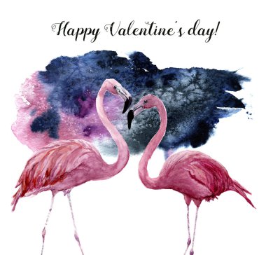 İki pembe flamingo ve mutlu Sevgililer günü yazıt ile suluboya kartı. Egzotik el kuş illüstrasyon izole beyaz zemin üzerine boyalı. Tasarım, parmak izi veya arka plan için