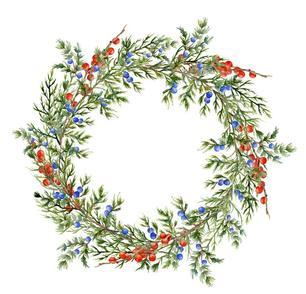 Watercolor juniper wreath with red berries. Hand painted evergreen branch with berries on white background. Botanical illustration for design or print. — Stock Photo, Image