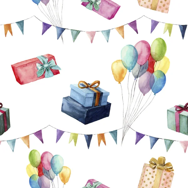 Watercolor seamless pattern with party elements. Hand painted collection with gift boxes, air balloon and flag garlands isolated on white background. For design, print or fabric.