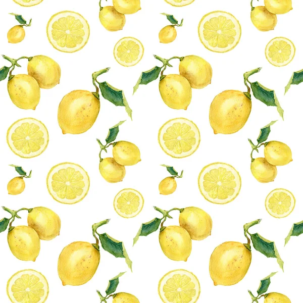 Akvarell sömlösa mönster med citroner. Hand målade citrus prydnad på vit bakgrund för design, tyg eller skriva ut. — Stockfoto