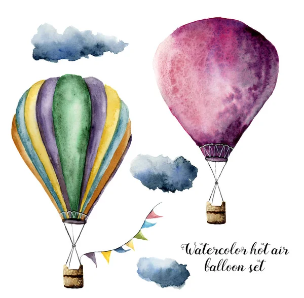 Balão de ar quente aquarela definido para design. Balões de ar vintage pintados à mão com bandeiras guirlandas e nuvens. Ilustrações isoladas sobre fundo branco — Fotografia de Stock