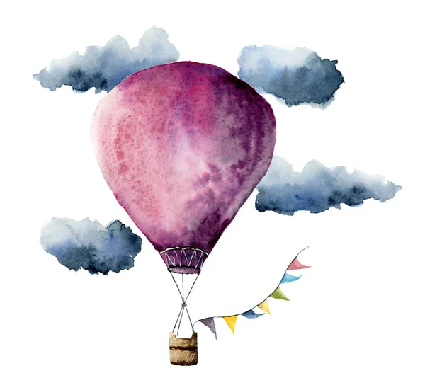Akvarell lila hőlégballon. Kézzel festett lobogója füzér, a felhők és a retro design vintage levegő léggömbök. Illusztrációk elszigetelt fehér background — Stock Fotó