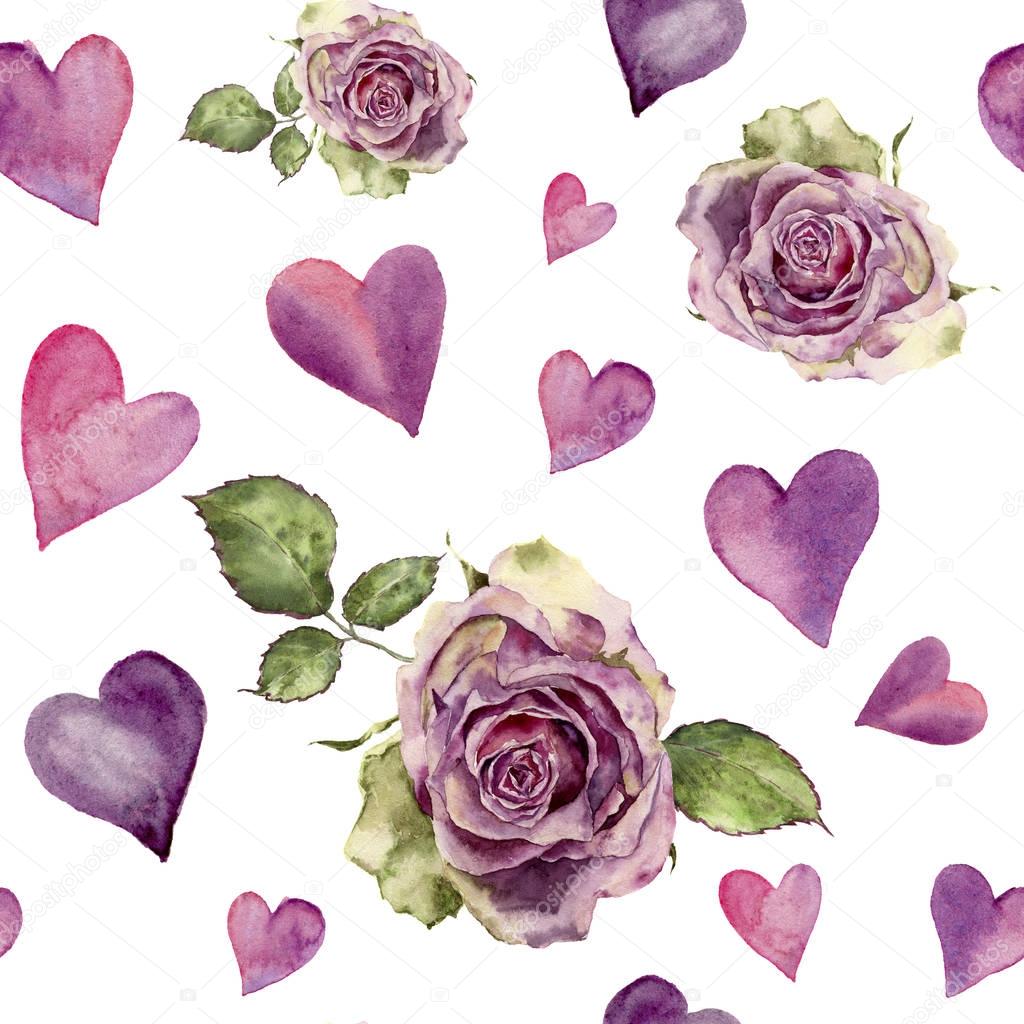 Watercolor seamless pattern with retro roses and hearts. Hand painted pink ornament isolated on white background. Valentines day print.