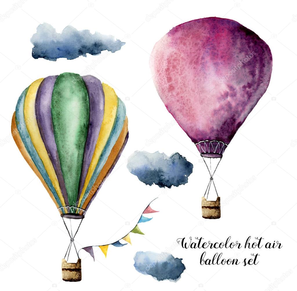 Watercolor hot air balloon set for design. Hand painted vintage air balloons with flags garlands and clouds. Illustrations isolated on white background