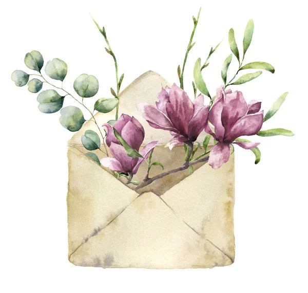 Aquarell alter Umschlag mit Frühlingsgrün, Eukalyptus und Magnolie. Handbemalte Blumenkarte mit Blume, Silber-Dollar-Eukalyptus und Kräutern auf weißem Hintergrund. für Design, Druck oder Stoff. — Stockfoto