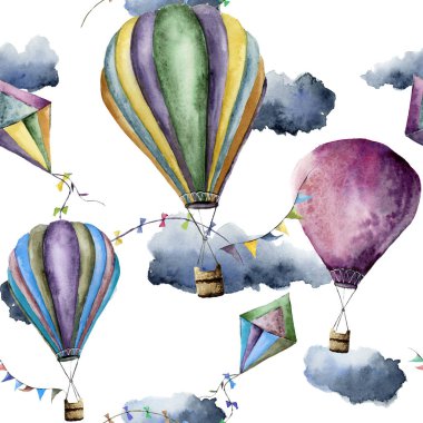 Sıcak hava balonları ve uçurtma suluboya desenle. Çizilmiş vintage uçurtma, bayrakları çelenk, bulutlar ve retro tasarımı ile hava balonları ver. Beyaz arka plan üzerinde izole çizimler
