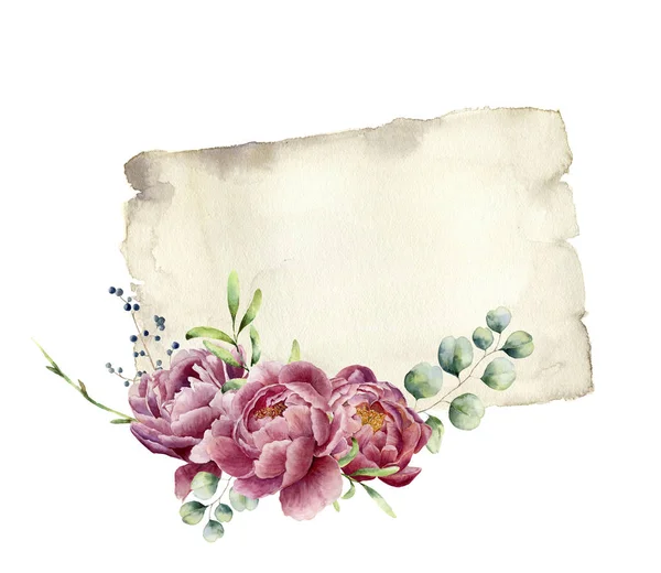 Εκτύπωση με την peony, πρασινάδα, ευκάλυπτος και παλιό χαρτί ακουαρέλα. Ζωγραφισμένα στο χέρι παλιά υφή του χαρτιού με floral σχέδιο που απομονώνονται σε λευκό φόντο. Εικονογράφηση για το σχεδιασμό, εκτύπωση. — Φωτογραφία Αρχείου