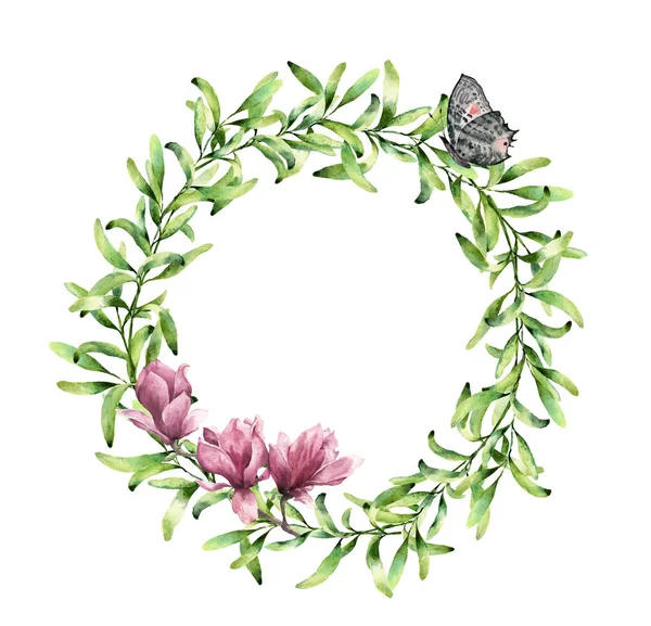 Akvarell zöld koszorú magnolia és pillangó. Kézzel festett, virág határ elszigetelt fehér background. A zöld növények és rovarok, nyomtatási vagy szövet botanikai illusztráció. — Stock Fotó