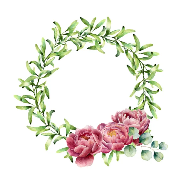 Watercolor greenery wreath with peony flowers and eucalyptus branch. Hand painted floral border isolated on white background. Botanical illustration with green herbs for design, print or fabric. — Stock Photo, Image