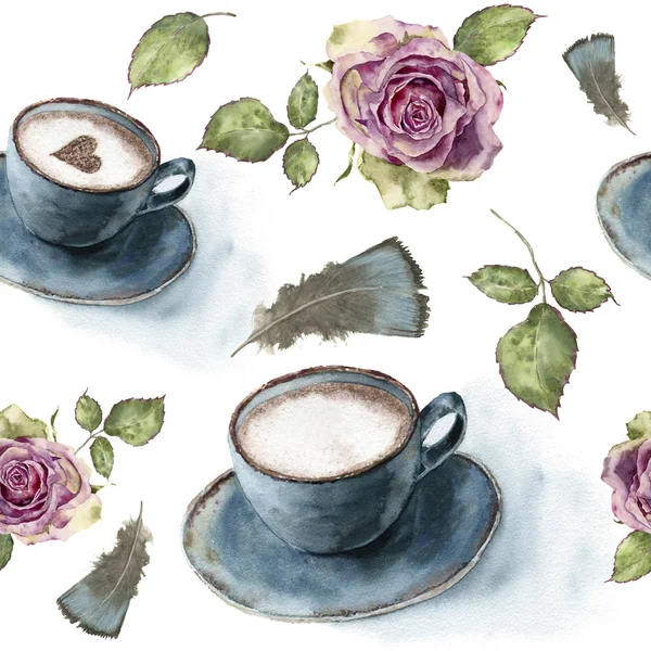 Akvarelu vzorek s retro růže, šálek kávy a peří. Ručně malované vintage ozdoba izolovaných na bílém pozadí. Tisk pro design, pozadí nebo tkaniny. — Stock fotografie