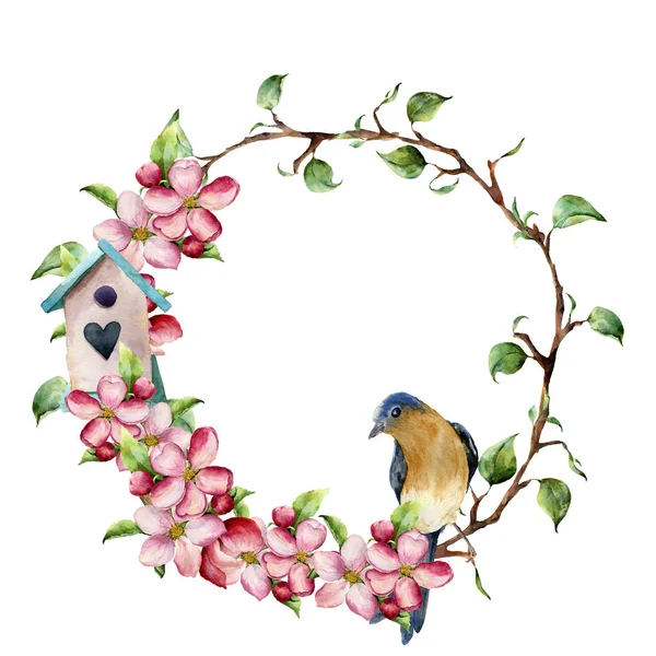 Aquarel krans met takken, appel bloesem, vogel en vogelhuisje. Handgeschilderde bloemen illustratie geïsoleerd op een witte achtergrond. Veerelementen voor ontwerp. — Stockfoto