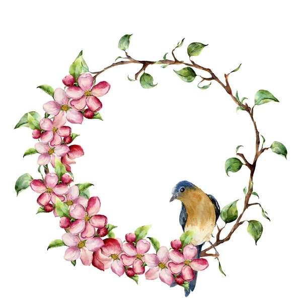Watercolor wreath with tree branches, apple blossom and bird. Hand painted floral illustration isolated on white background. Spring elements for design. — Stock Photo, Image