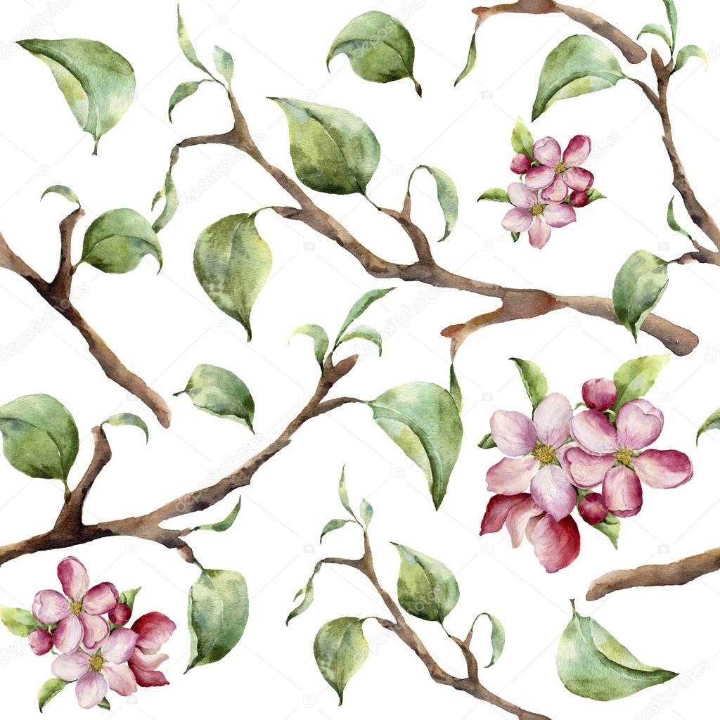 Watercolor pattern with tree branches and apple blossom. Hand painted spring ornament with floral elements with leaves isolated on white background. For design and fabric