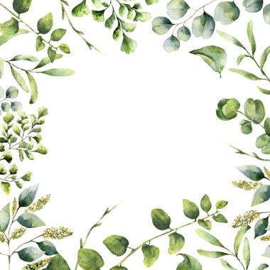 Watercolor floral frame. Hand painted plant card with eucalyptus, fern and spring greenery branches isolated on white background. Print for design or background. clipart