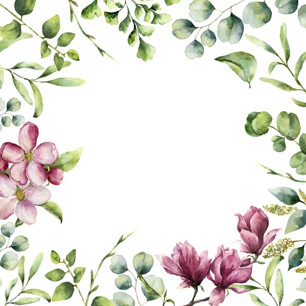 Watercolor floral frame with herbs and flowers. Hand painted plant card with eucalyptus, fern, spring greenery branches, cherry blossom and magnolia isolated on white background. — Stock Photo, Image