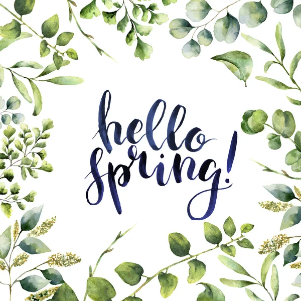 Aquarela Olá primavera. Cartão floral pintado à mão com eucalipto, samambaia e ramos verdes de primavera isolados em fundo branco. Impressão para design ou fundo . — Fotografia de Stock
